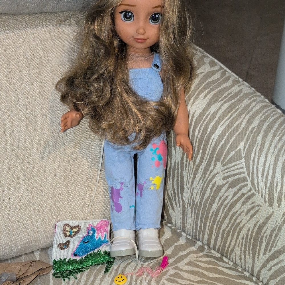 Doll In Painted Overalls With Purse